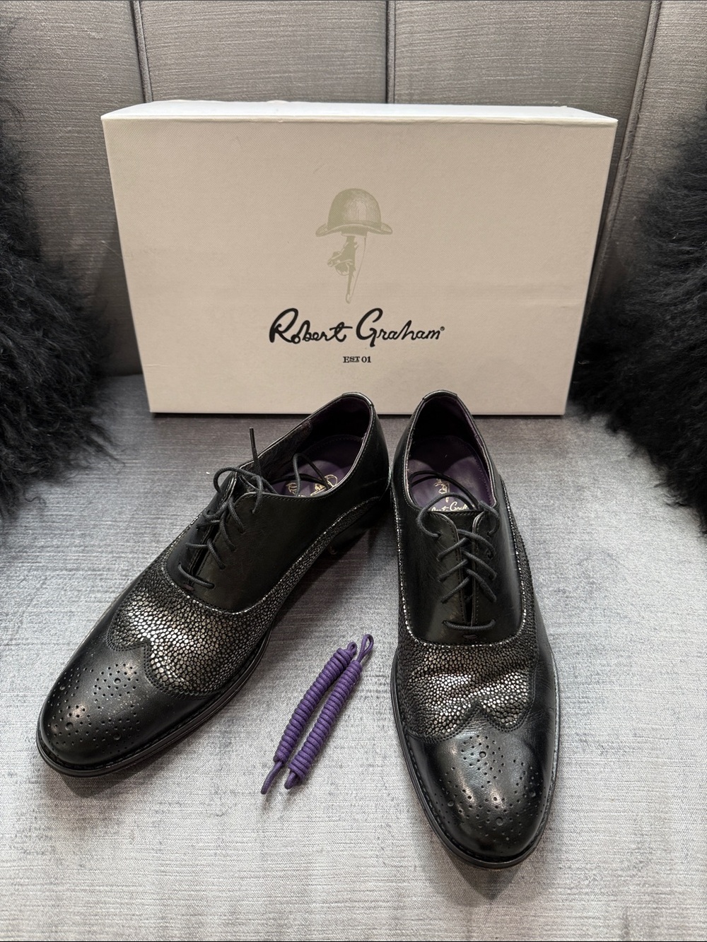 Robert Graham Black Leather Textured Wingtip Derbys